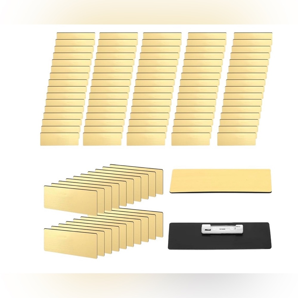 🌸NEW 50 Pcs Name Tag Badge Blanks 1 x 3 Brushed Gold Round Corners Pin.